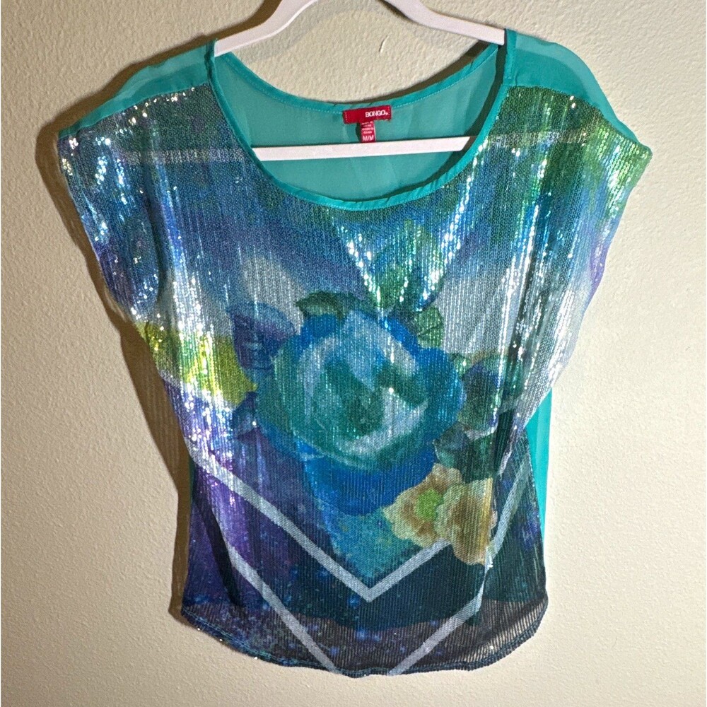 Bongo Womenās Blouse Size M Blue Green Floral Sequin Chiffon Sheer Pullover